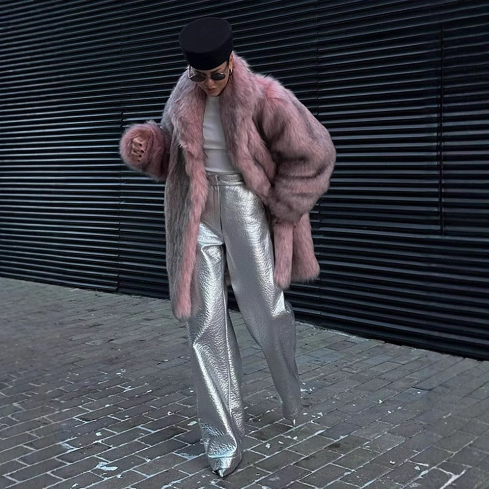 Abrigo de piel de zorro sintético con cuello de solapa para mujer Abrigo medio largo Invierno Rosa Prendas exteriores peludas Foto 3 de 4