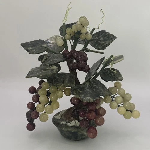 Vintage Carved Jade Grape Cluster & Leaf Bonsai Tree Asian White Purple Green 7”