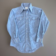 70s Big Mac Shirt Men's L Blue Chambray Pearl Snap USA JC Penny Vintage
