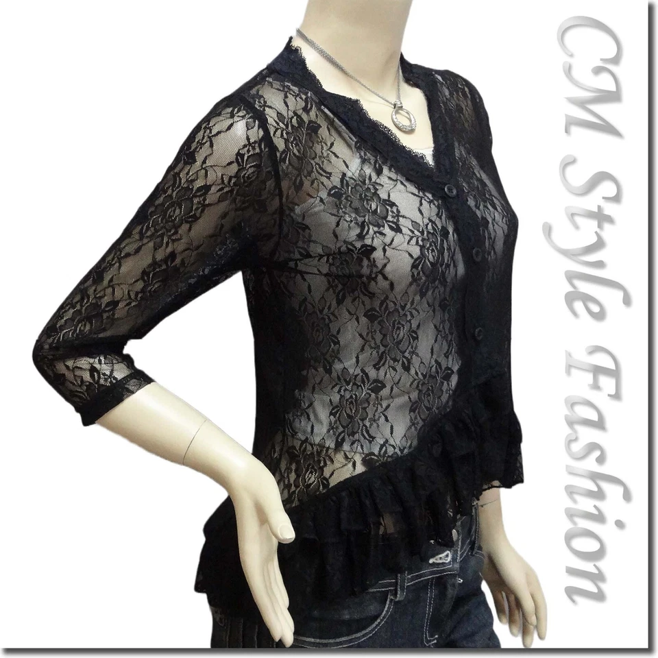 Elegante Blusa Cárdigan Transparente de Encaje Floral Moda Top Negra S/M/L/XL Foto 4 de 4