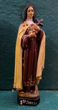ST THERESE OF LISIEUX w/ CRUCIFIX & ROSES Vtg CHALKWARE 200mm FIGURE STATUE