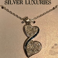 Fine Silver Plated Crystal Accent Infinity Hearts Pendant Necklace - New