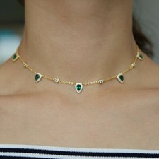 14k Gold Plated Lab Created Emerald  Diamond Choker Necklace 16"Chain Necklace