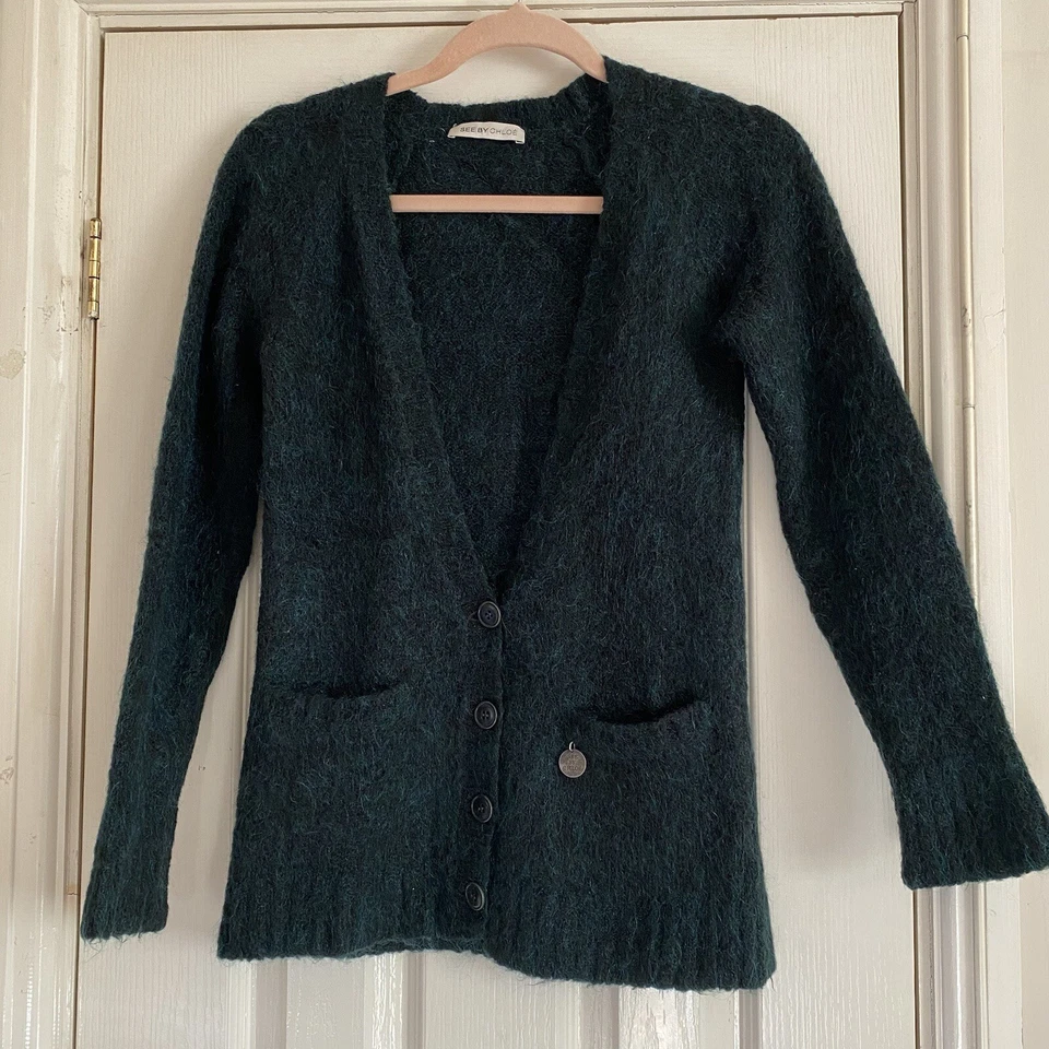 See By Chloe Green Mohair Wool V-neck Boyfriend Cardigan Size UK 6 Pockets - Image 2 of 4