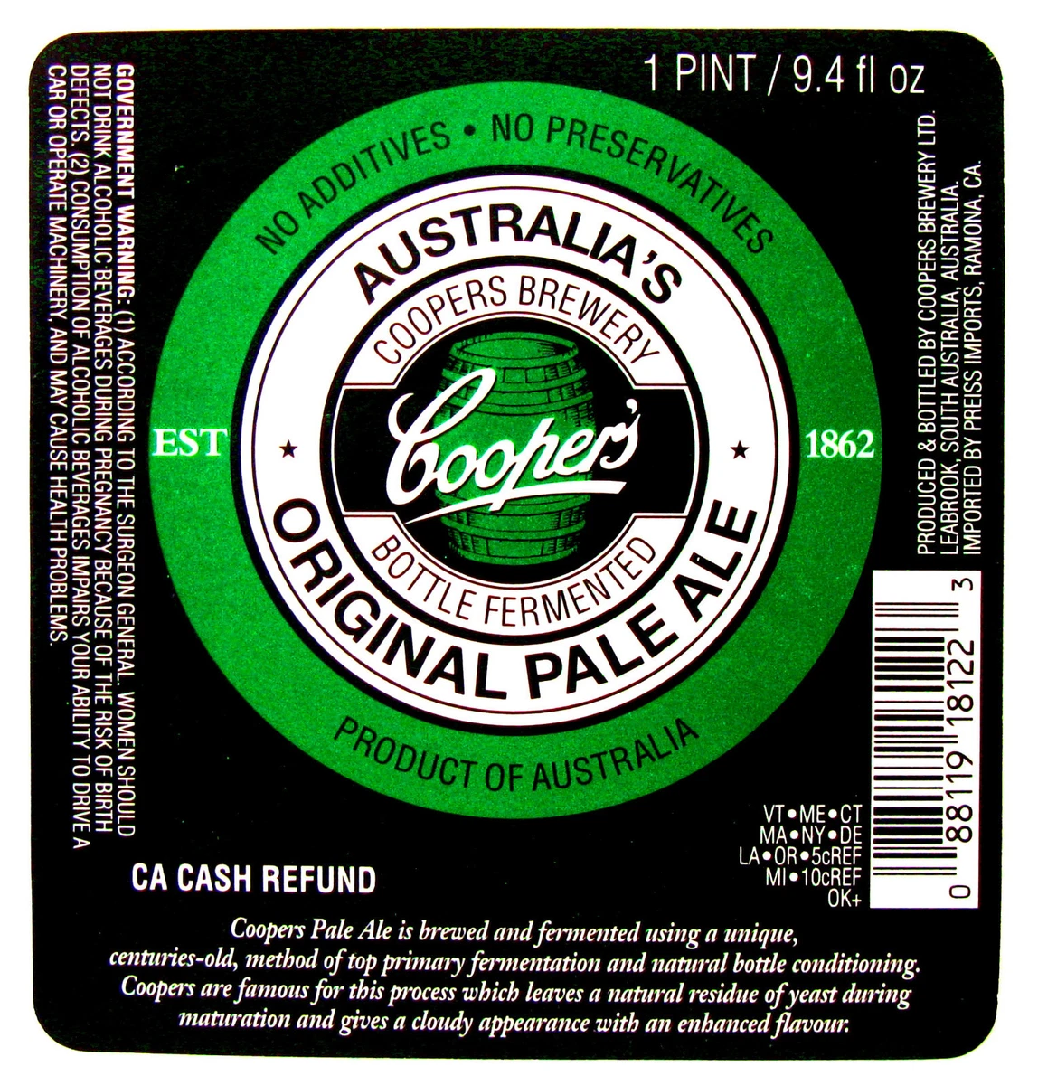 Coopers Brewery Ltd COOPER'S - ORIGINAL PALE ALE beer label AUSTRALIA  25.4oz | eBay