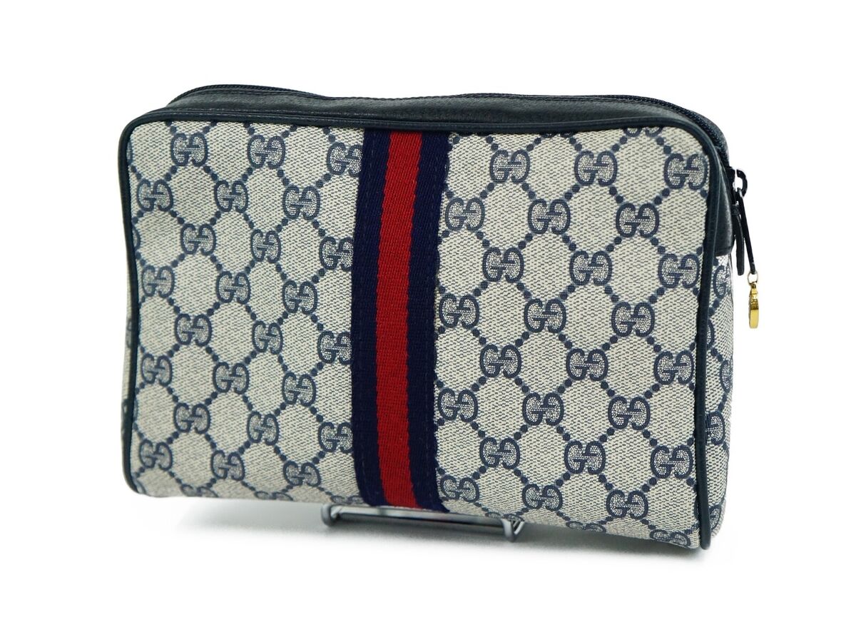 GUCCI Vintage Sherry Line GG Web PVC Canvas Leather Navy GUCCI Vintage Sherry Line GG Web PVC Canvas Leather Navy
