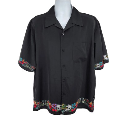 Dragonfly Skull Floral Dead Vintage Black Button Short Sleeve Shirt Size XL USA