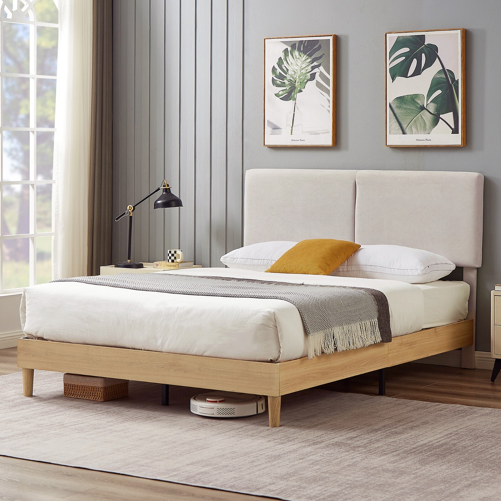 Bed Frame Twin Full Queen Size Wooden Platform Bed W/Adjustable Headboard-image