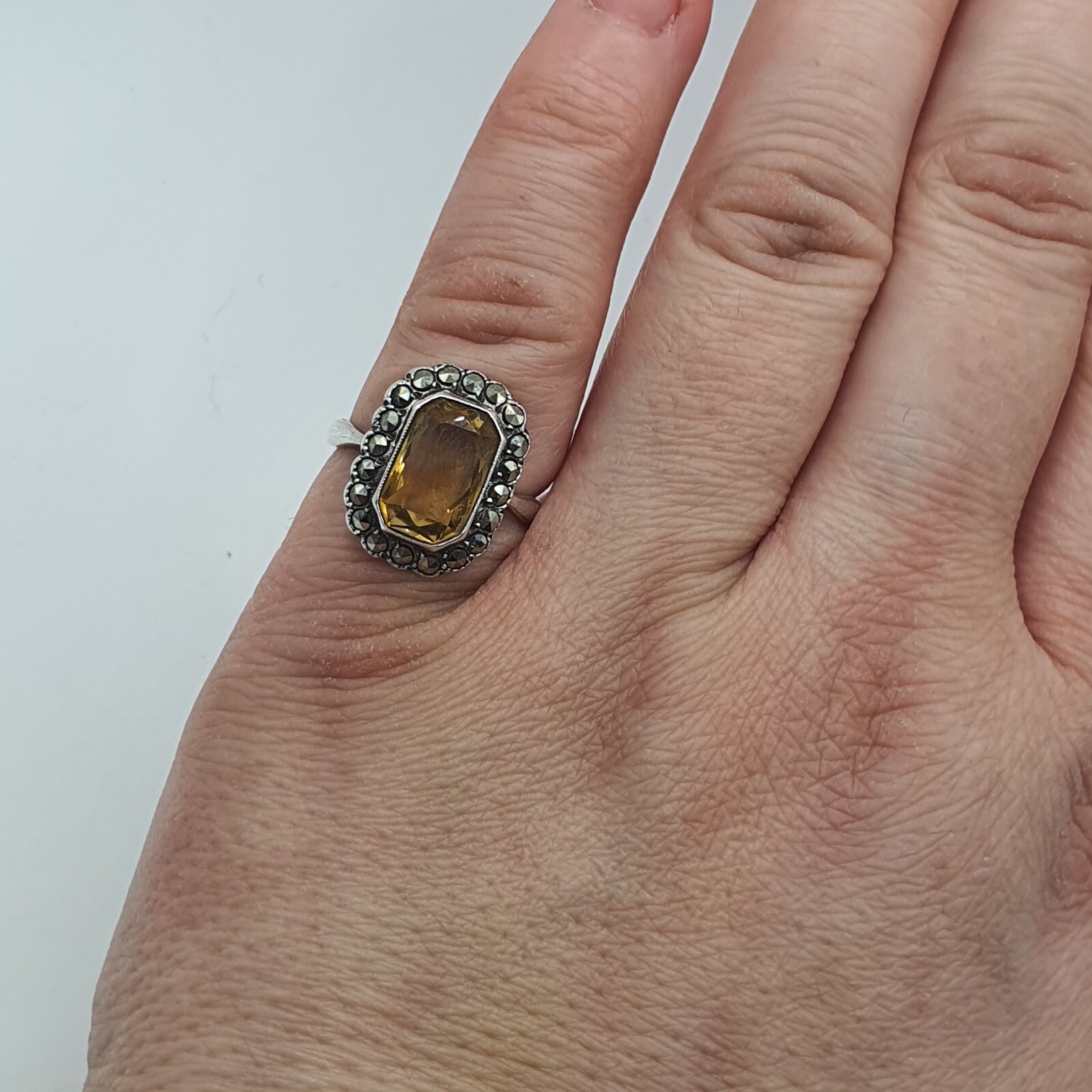 Vintage Sterling Silver Citrine Ring Size L1/2 Art Deco Style (R14)