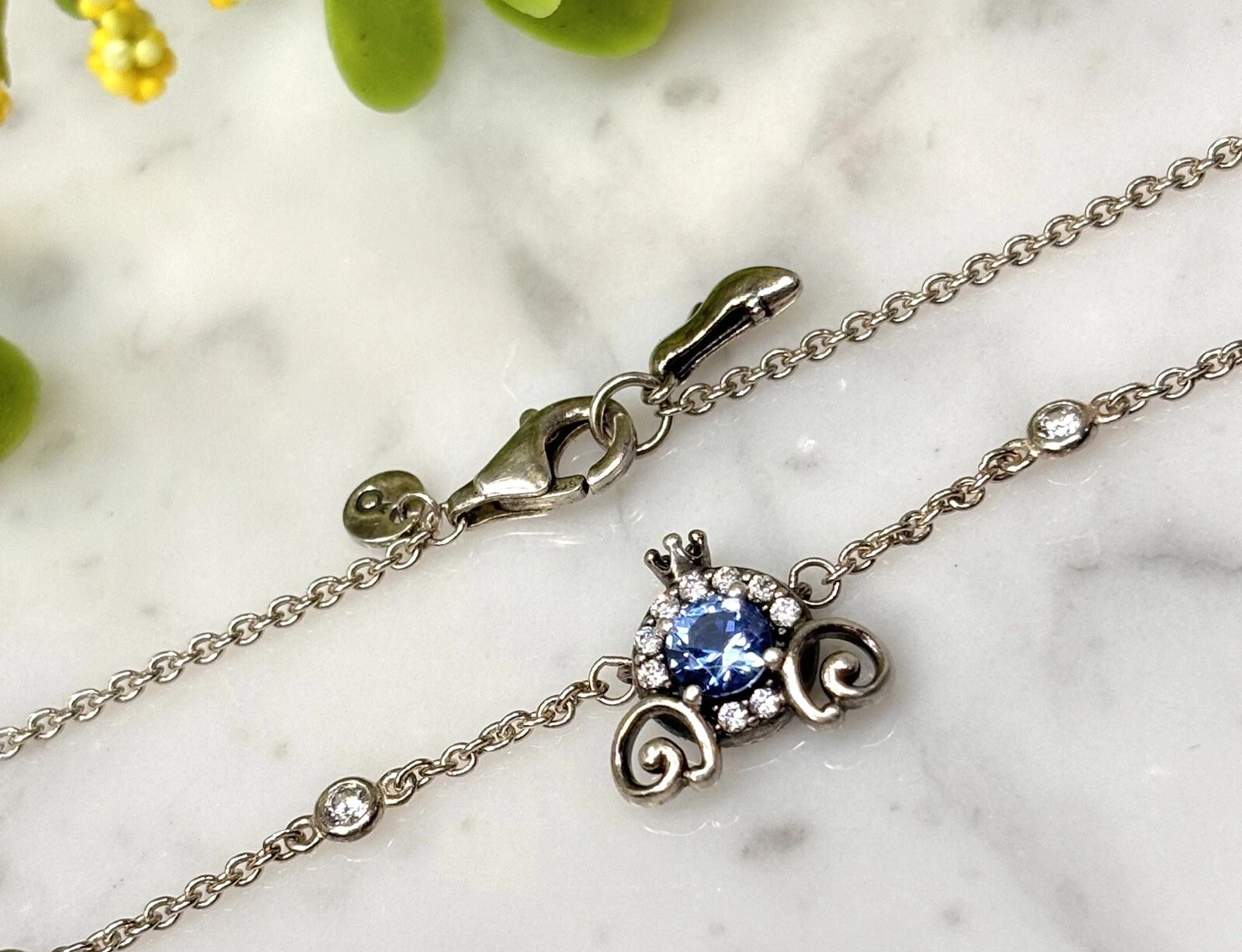 Pandora Disney Sterling Silver Topaz Cinderella Coach Collier Necklace 18” Long