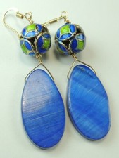 Royal Blue Teardrop Mother Of Pearl Earrings wih Cloisonne Spheres Handmade
