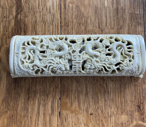 Chinese Footed Storage Box Dragon Motifs & Chopsticks Cast Resin