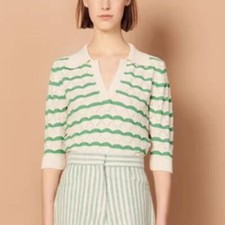 Sandro Polo Collar Knit Sweater Contrasting Striped Hollowed out Top for Women
