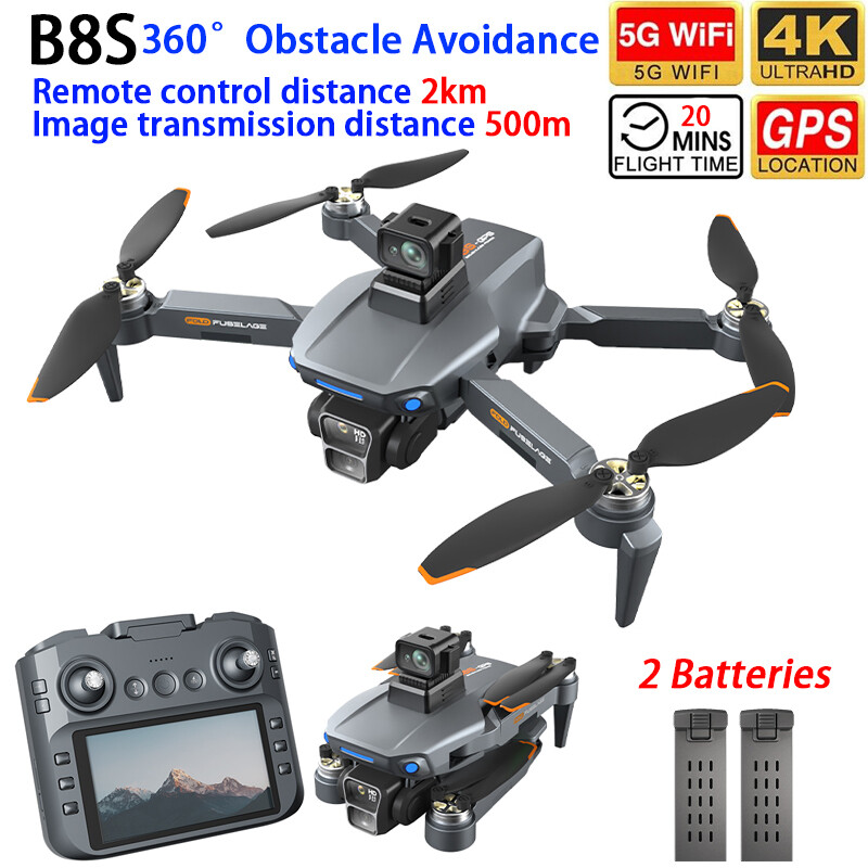 B8S Drone GPS 2KM 5G WIFI FPV 4K Dual Camera 360° Obstacle Avoidance 2 Battery