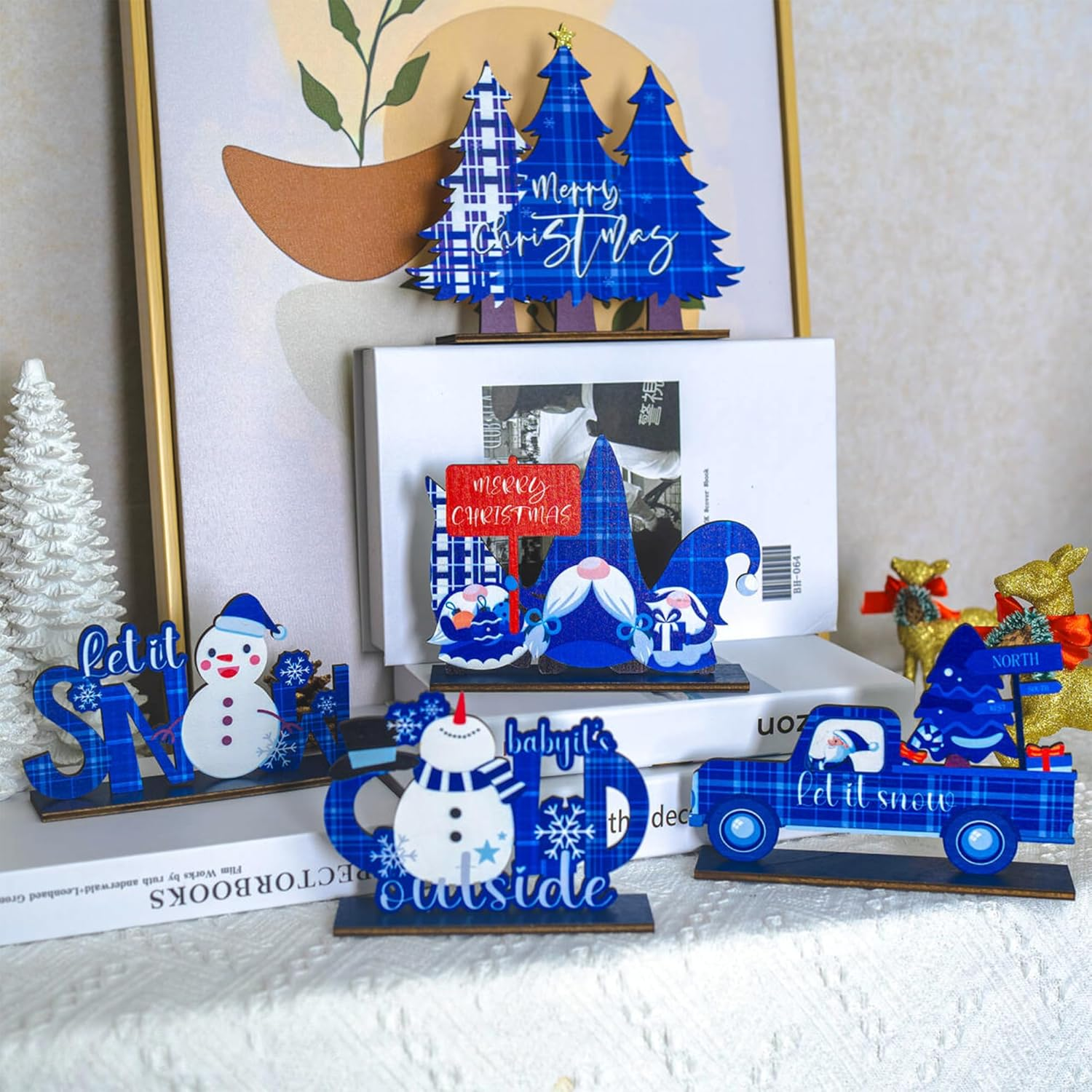 5 PCS Christmas Table Centerpiece Decorations, Wooden Xmas Snowman Santa Claus G