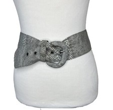 Chicos Wide Leather Belt M Gray Silver Blue Lizard Print Waist Sash Cinch 34-38  