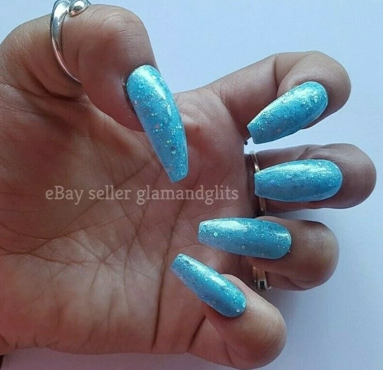24 Gel Press On False Nails Light Blue Glitter Coffin Stiletto