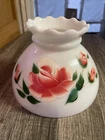 VTG Milk Glass Hurricane Oil Lamp Shade Hand Painted Flowers 9.75" Fitter Scallo