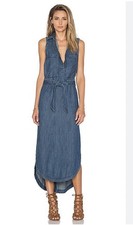 FREE PEOPLE CECELIA Denim Chambray MAXI Belted Dress Large Coastal Cowgirl