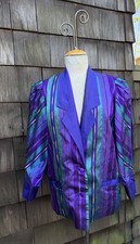 Vintage 80s Glam Silk Blazer Jacket Purple Green Stripes M/L
