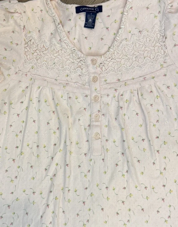Camisola Charter Club rosa floral renda jugo manga esvoaçante malha roupa de dormir P - Imagem 2 de 3