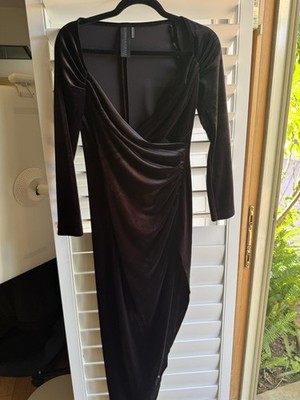 Norma Kamali Velvet Gown Maxi Dress Black Sweetheart Long Sleeve Side Drape S/36