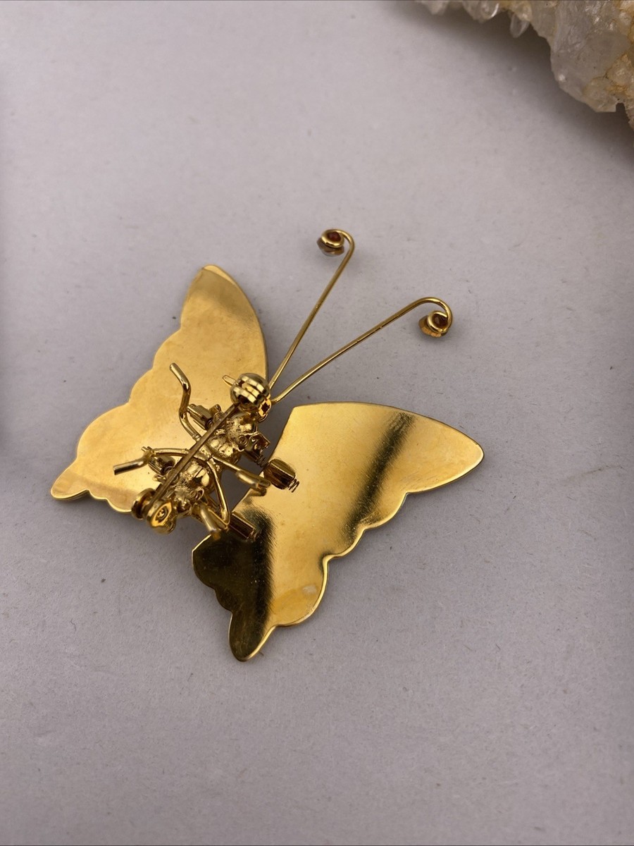 Gold Tone Yellow Enamel Hinged Articulated Wings Butterfly Pin Brooch View 6
