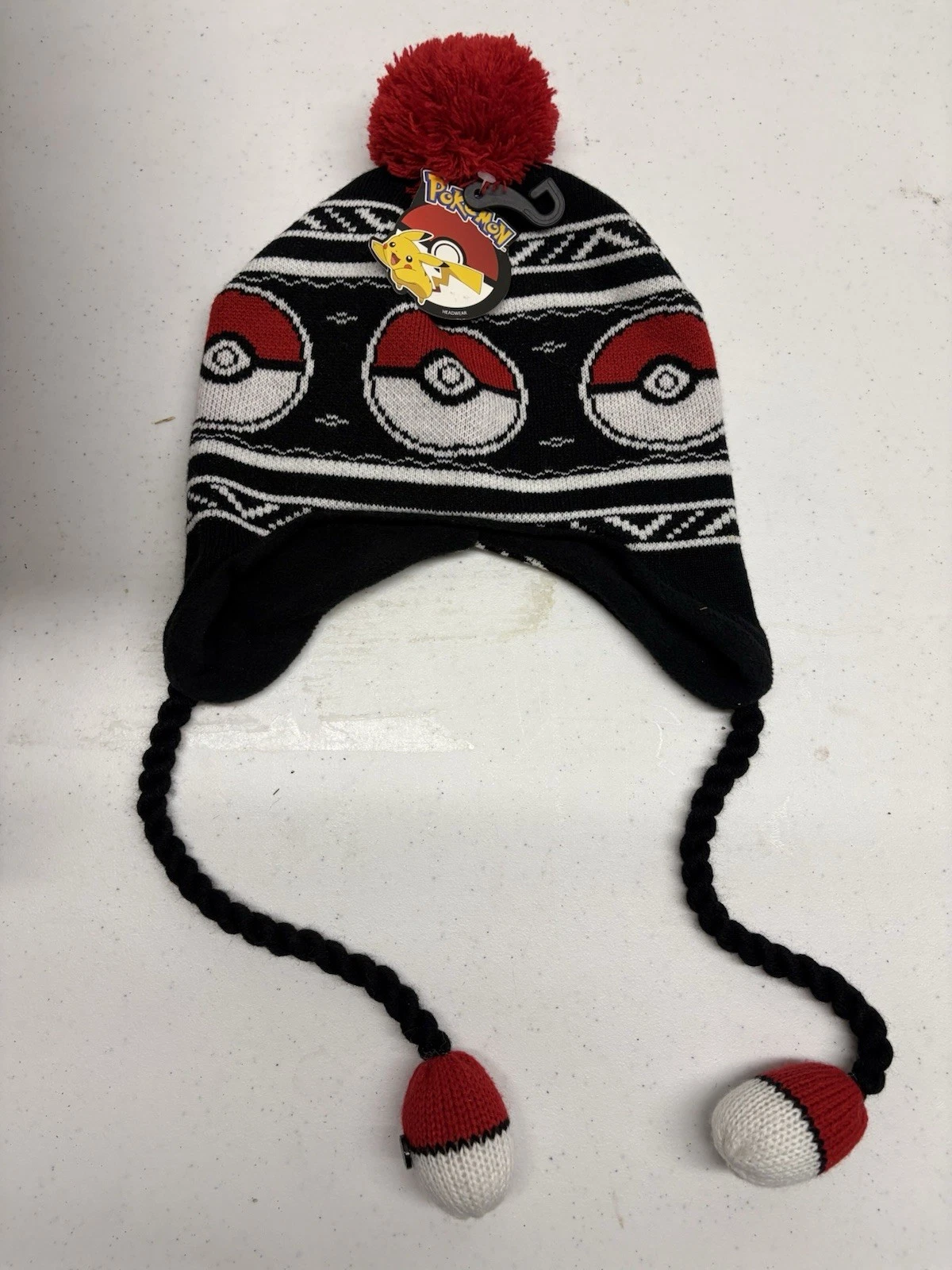 Pokemon Pokeball Peruvian Knit Beanie Hat Ear Flap Pom Pom NWT Bioworld