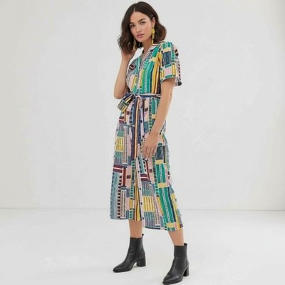 ASOS Button Up Grid Print Linen Blend Cropped Jumpsuit Size 10