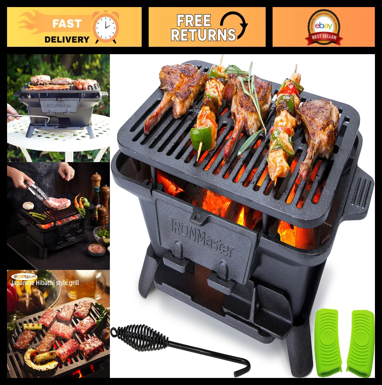 Portable Charcoal Hibachi Grill - Pre-Seasoned Cast Iron, 2 Heights, Air Control
