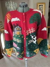 Frankenmuth Woolen Mill M Farm Cow Pig Horse Amish Christmas Cardigan Sweater