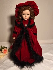 Seymour Mann Porcelain Vintage Doll 22” Red Velvet Winter Dress Limited Edition 