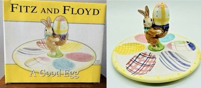 Fitz & Floyd A Good Egg Tray Salt Pepper Shaker Set Easter Bunny Pastel~NEW