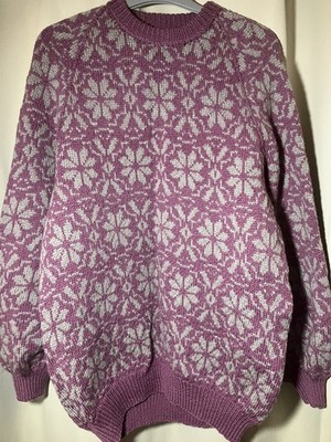 Vintage 1980 s Hand Knitted Patterned Pure Wool Jumper Pink Beige XL Size 16/18 