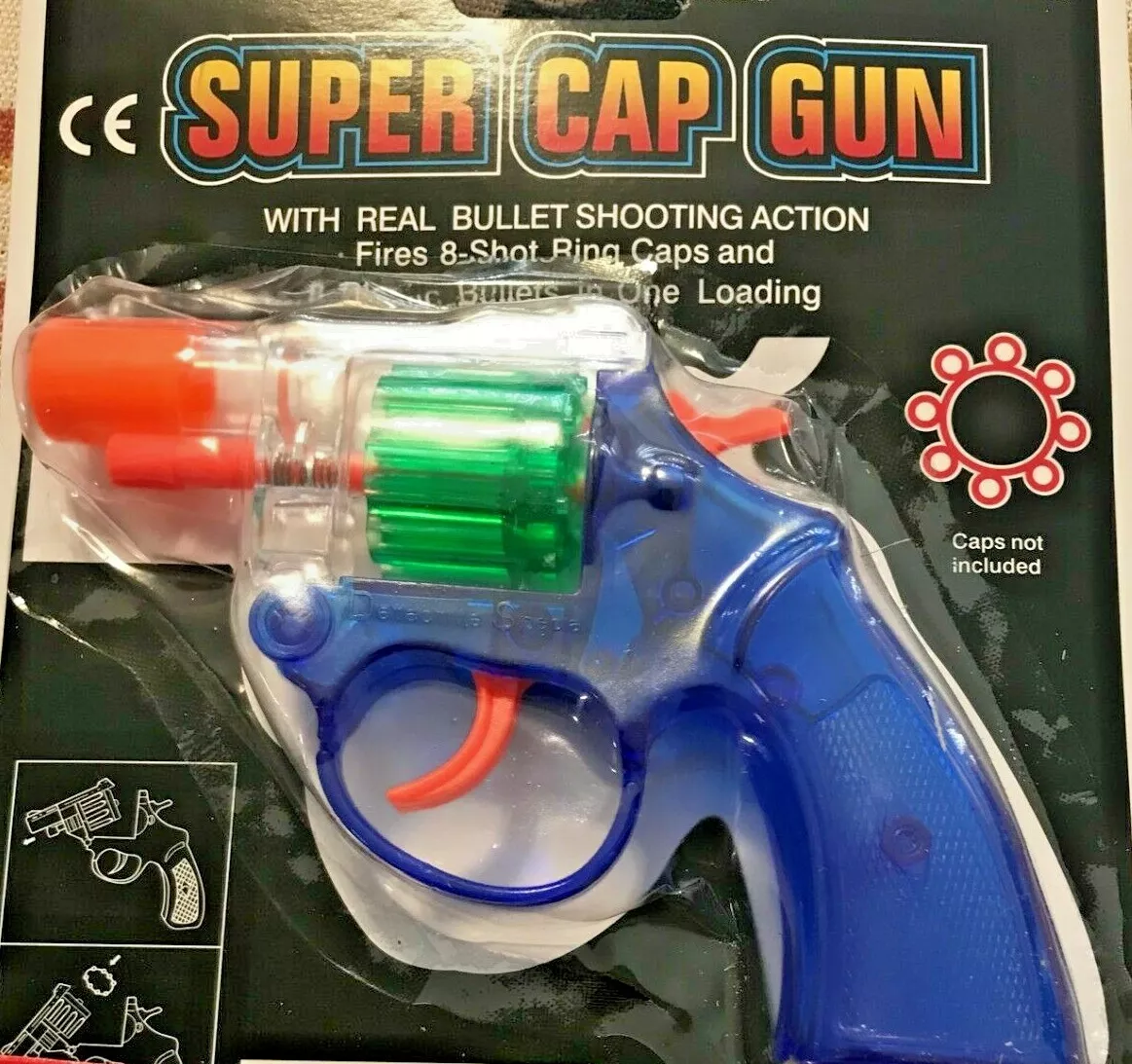 2 Plastic Colorful Toy. Cap Guns Blue Green Orange Clear
