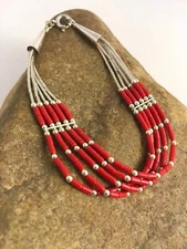 Red Stabilized Coral Heishi Sterling Silver Bracelet 7" 5 Strands 13603