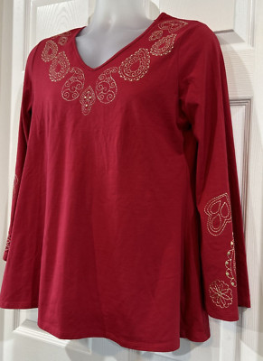 DG2 Diane Gilman Women Small Embroidered Bell Sleeve Knit Top V Neck Red & Gold