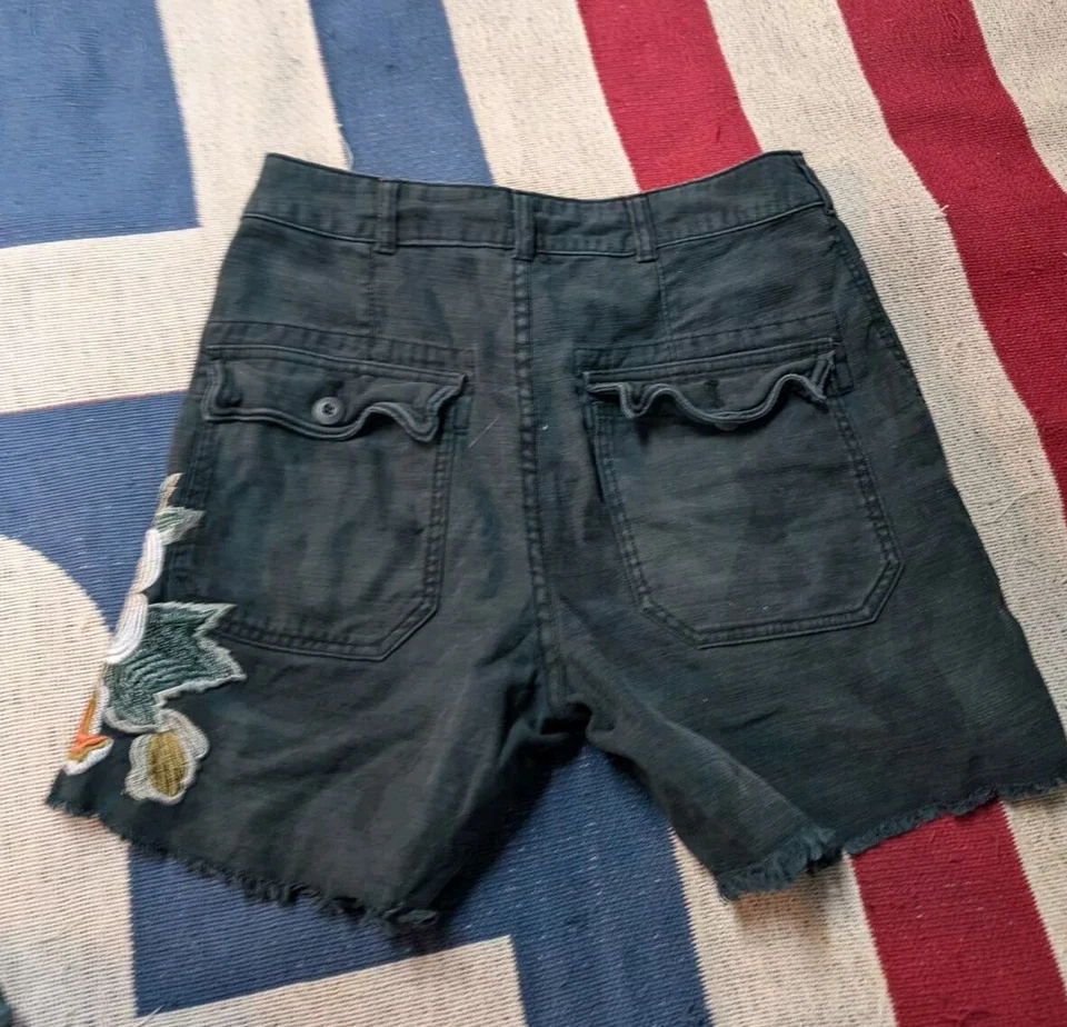 Free People Camo Denim Black Shorts Size 2 Floral Embroidery - Image 2 of 4