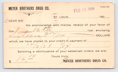 1909 Meyer Bros. Drug Co. Postal Card St. Louis MO Wholesale Pharmaceuticals