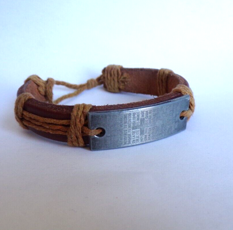 Jewelry Crucible Leather Spanish Lord's Prayer Adjustable Bracelet Brown