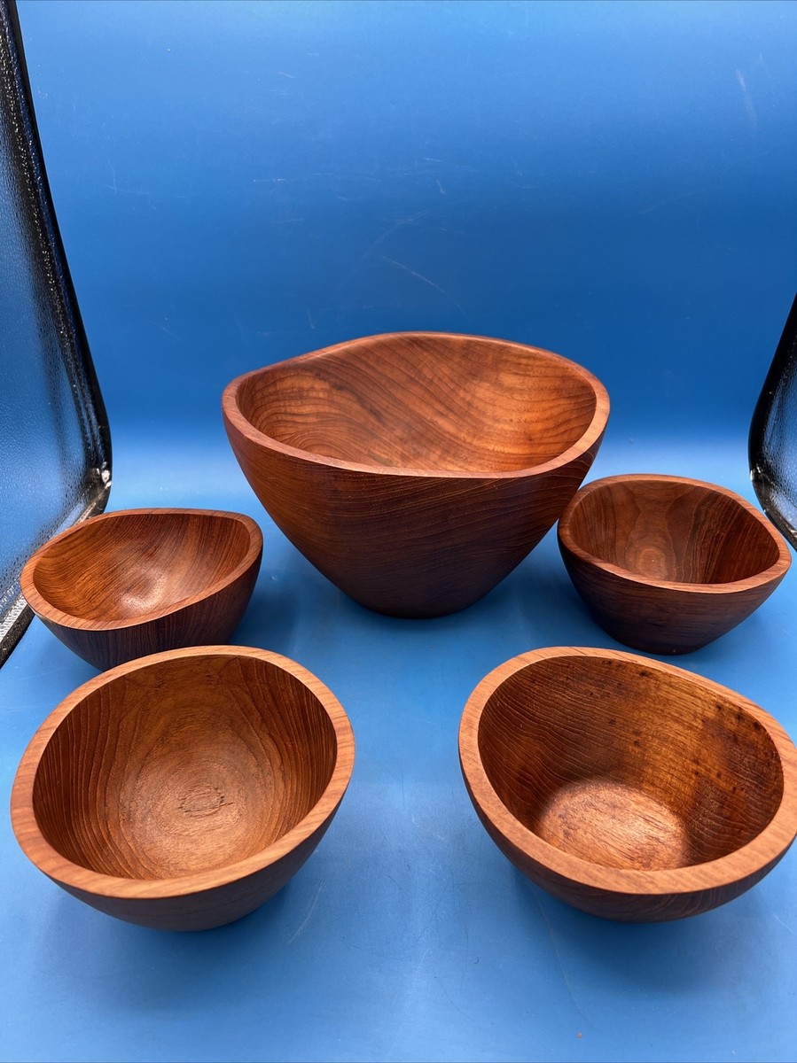 Vintage Teak Wood Wave Dolphin Thailand-5 Piece Salad Serving Bowl