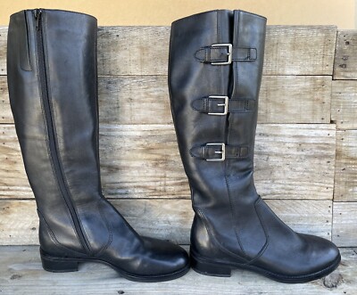 ECCO Women Size 37 US 6.5 Leather Hobart Buckle Zip Knee High Riding Boot Black