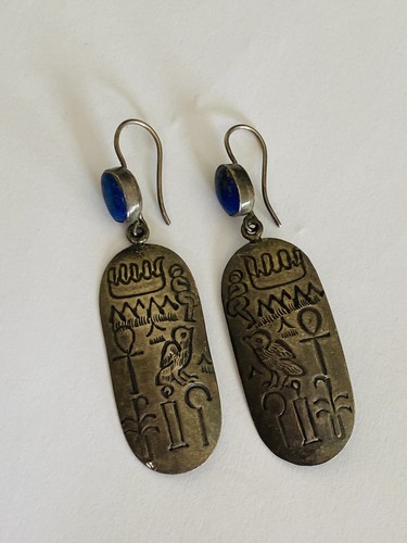VINTAGE EGYPTIAN STERLING SILVER LAPIS ETCHED BIRD ANKH SYMBOL DANGLE EARRINGS - Bild 14 von 20