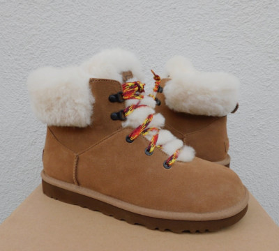 UGG CHESTNUT CLASSIC MINI ALPINE LACE SUEDE SHEEPSKIN BOOTS, US 8/ EUR 39 ~NIB