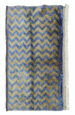 2.2x4.3 Ft 1970s Handmade Turkish Blue Tulu Rug with Light Brown Zig Zag Design