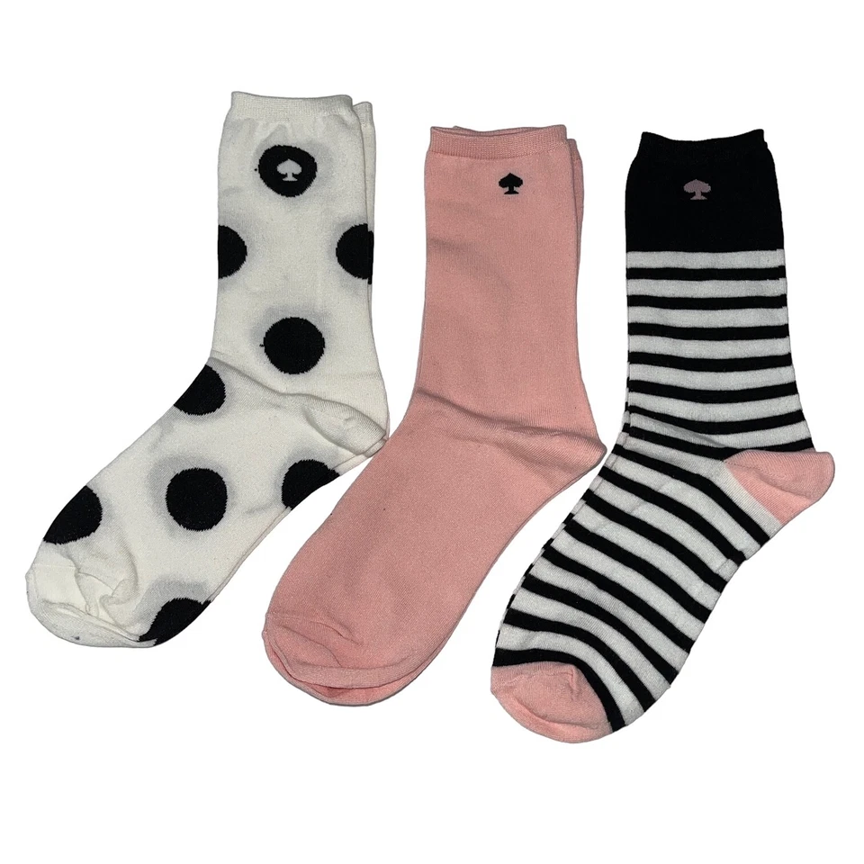 Calcetines Kate Spade Crew Rosa Blanco Negro Rayas Lunares Logo 3 Pares Talla 4-10 Foto 3 de 4
