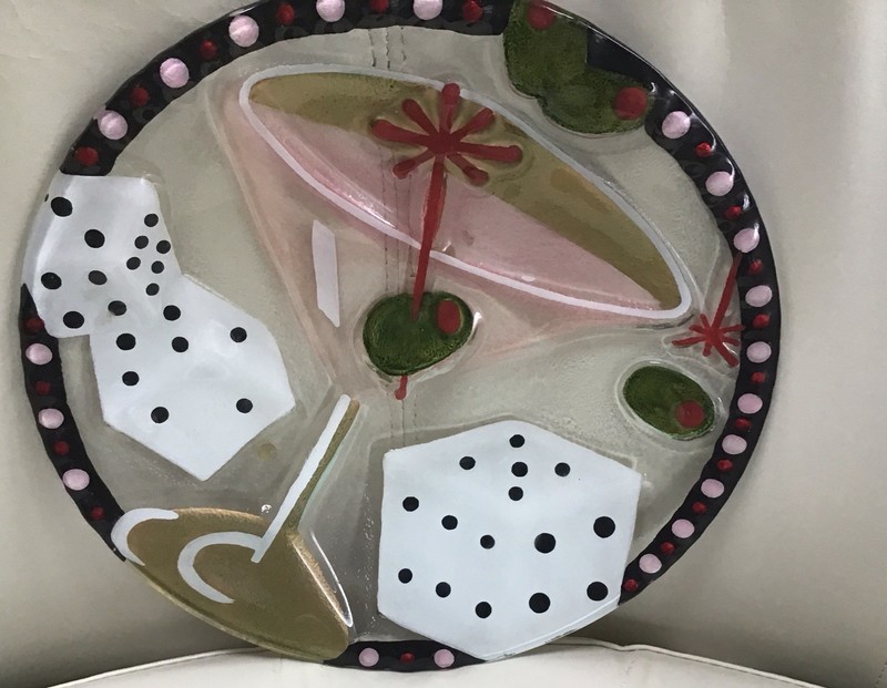 Rare 2006 Lori Siebert For Silvestri Fused Glass Plate Martini & Olives Dice 11"