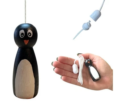 LOWGY Hand Painted Wooden Penguin Blind / Light Pull Handle with Cord & Connector