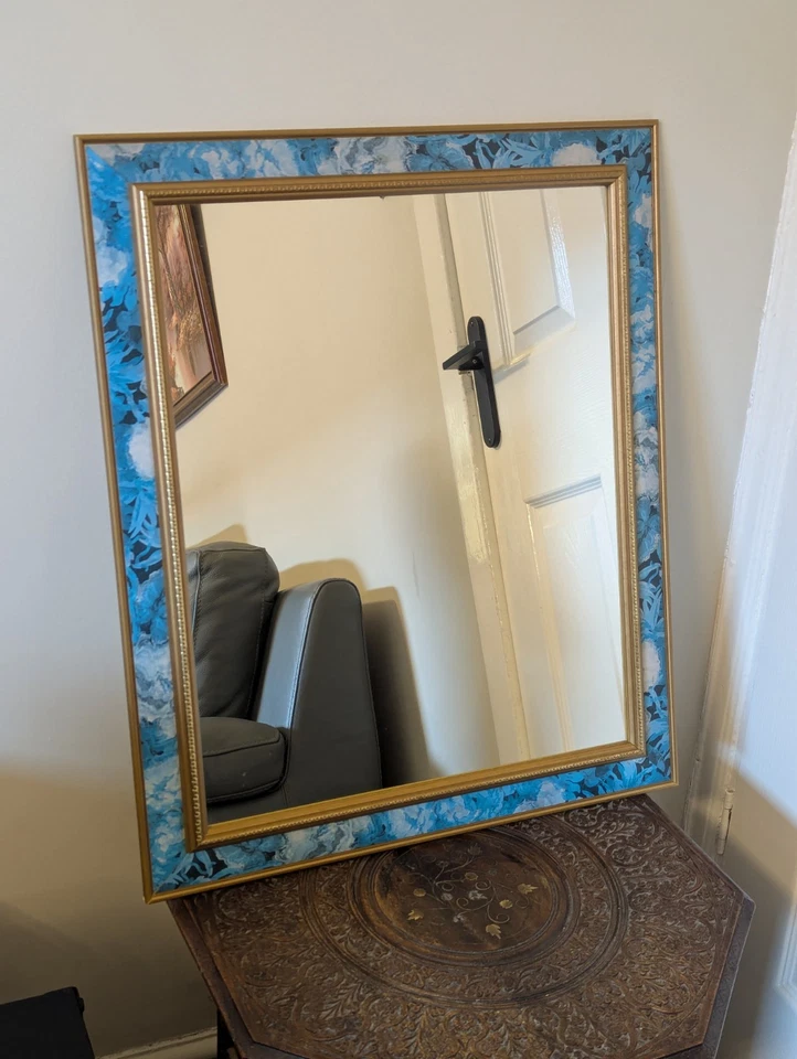 Vintage Wall Mirror Blue Floral and Gold Framed MCM  - Image 2 of 4
