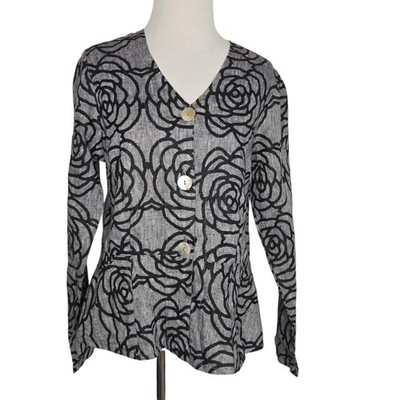Flax Womens Artsy Linen Jacket Rose Floral Lagenlook Dinner Neutrals Small